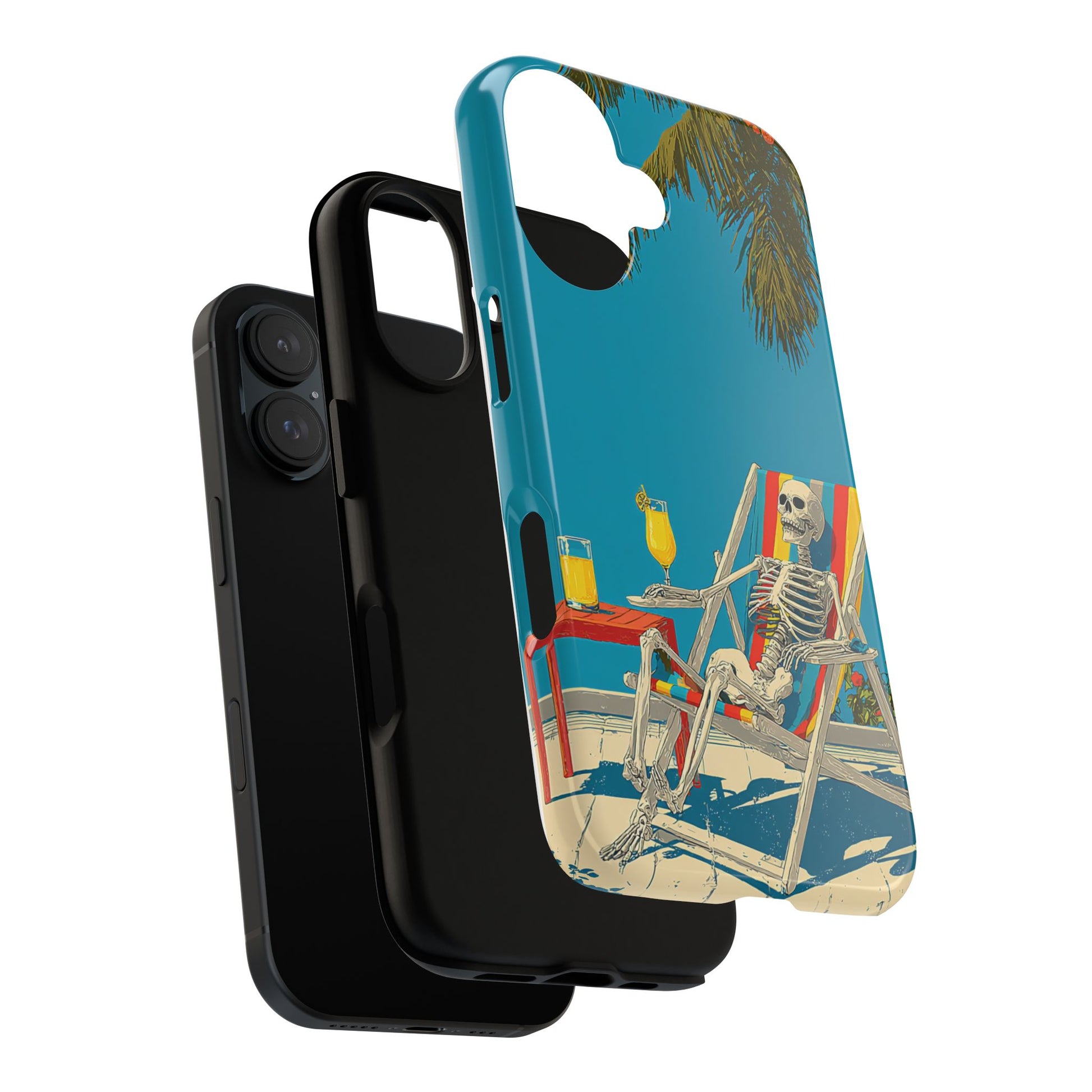 Summerween Skeleton Phone Case, Animated Design of Skeleton Lounging with Mimosa on Beach for iPhone, Samsung & Pixel Models, Quirky Gift