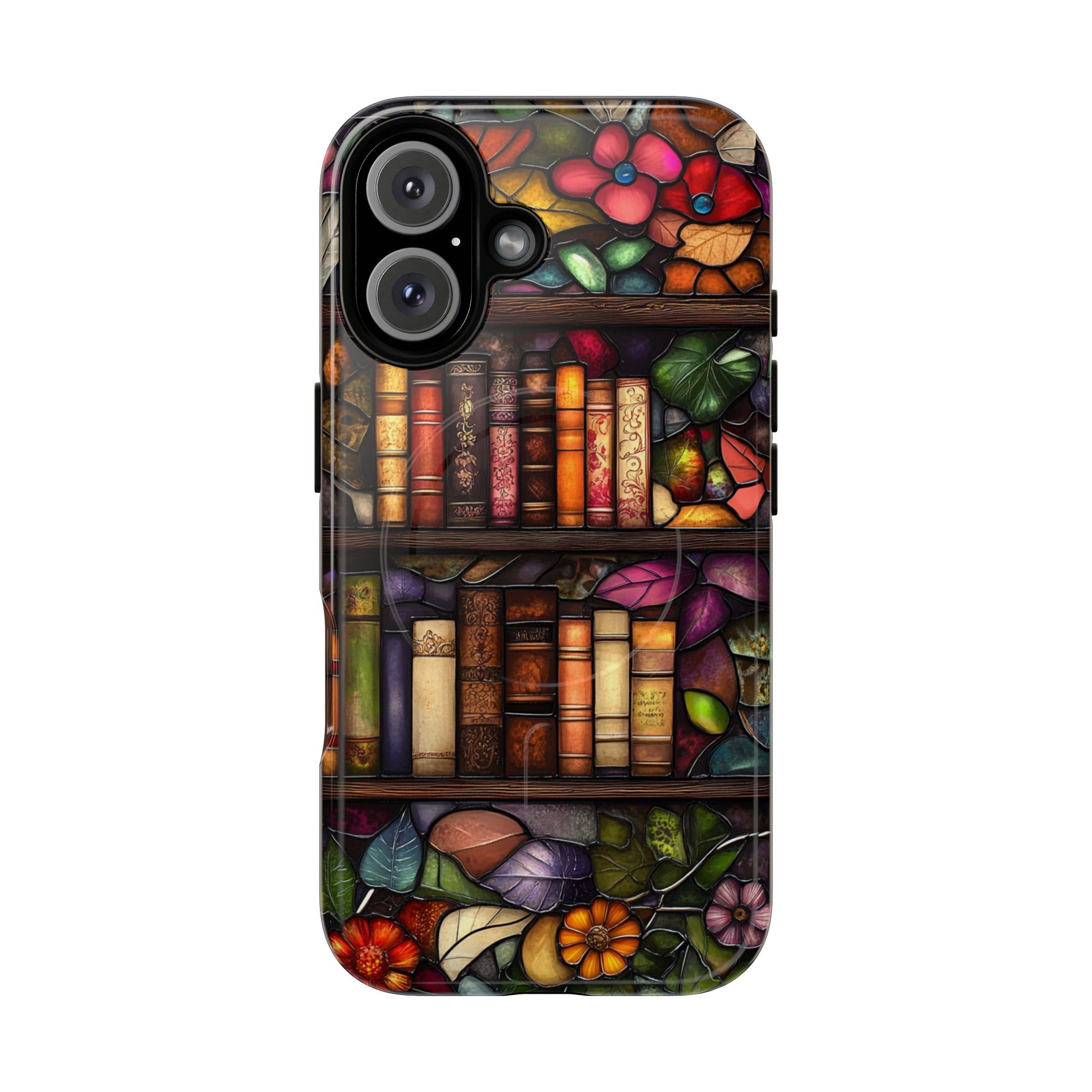 Stained Glass Bookshelf Phone Case, Tough Magnetic Case with Vintage Books, Floral Art and MagSafe Support - Bookish Aesthetic & Protective