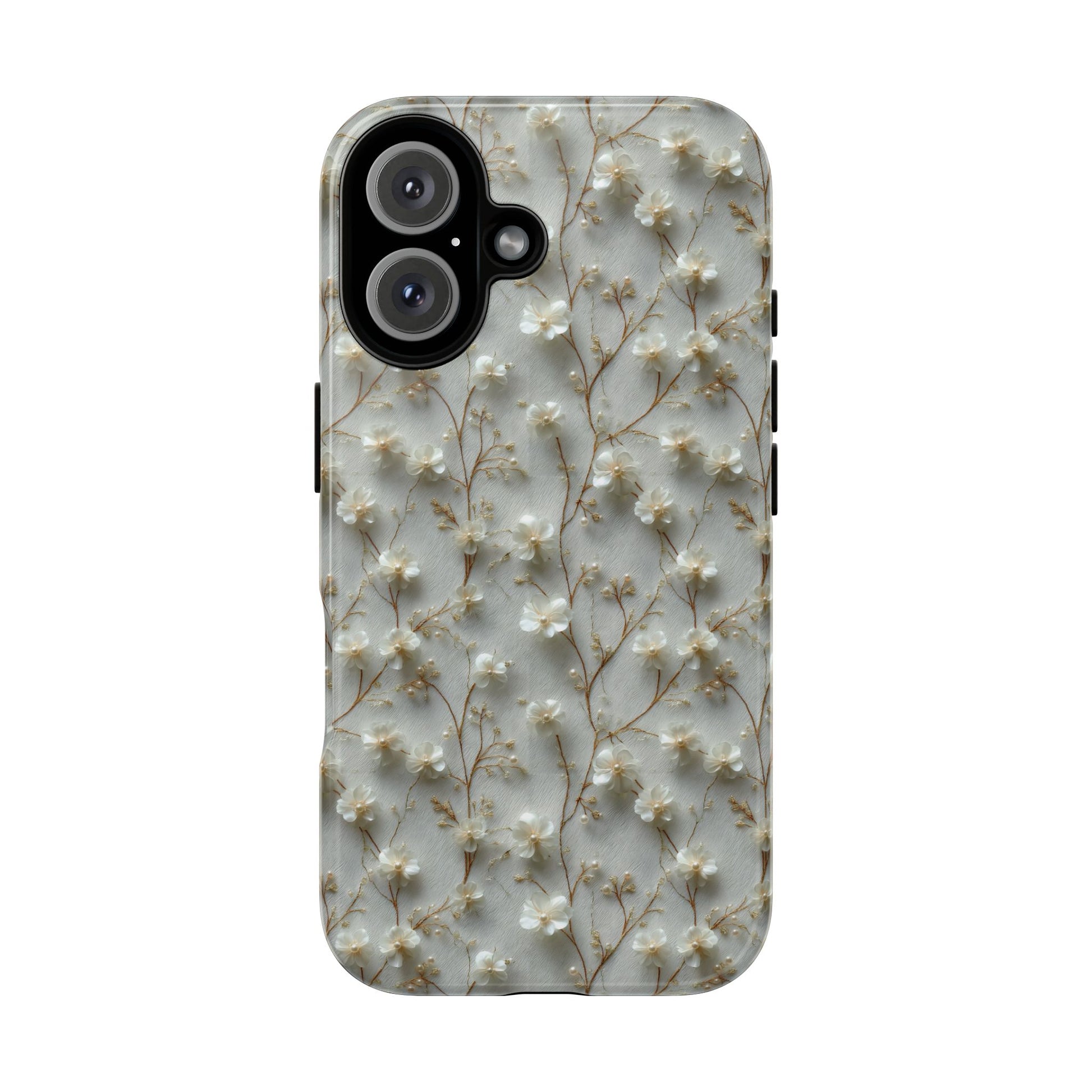 Elegant Floral Pearl Phone Case with Vintage Charm - Delicate White Pattern, Bridal Theme Case,. Tough & Durable, Fits iPhone Samsung Pixel