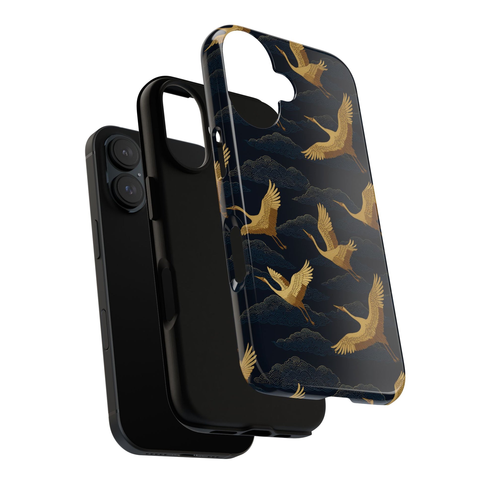 Japanese Crane Phone Case with Golden Birds, Clouds & Wave Motif - Minimalist Traditional Art for iPhone Samsung Pixel,  Crane Phone Cover
