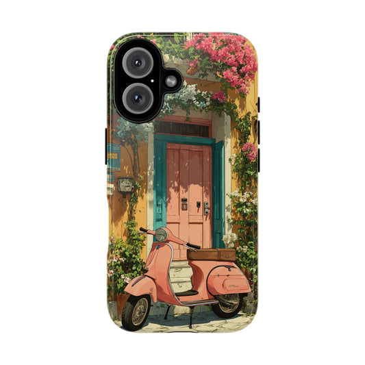 Charming Italian Phone Case with Vintage Scooter & Blooming Florals, Summer Aesthetic for iPhone Samsung Pixel Devices, Ghibli-Style Case