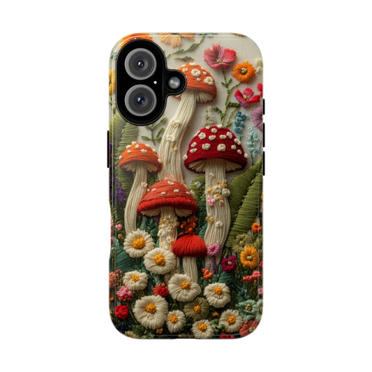 3D Mushroom Cottagecore Phone Case, Embroidered-Effect Design, Tough Whimsical Cover for iPhone Samsung Pixel, Quirky Gift For Her