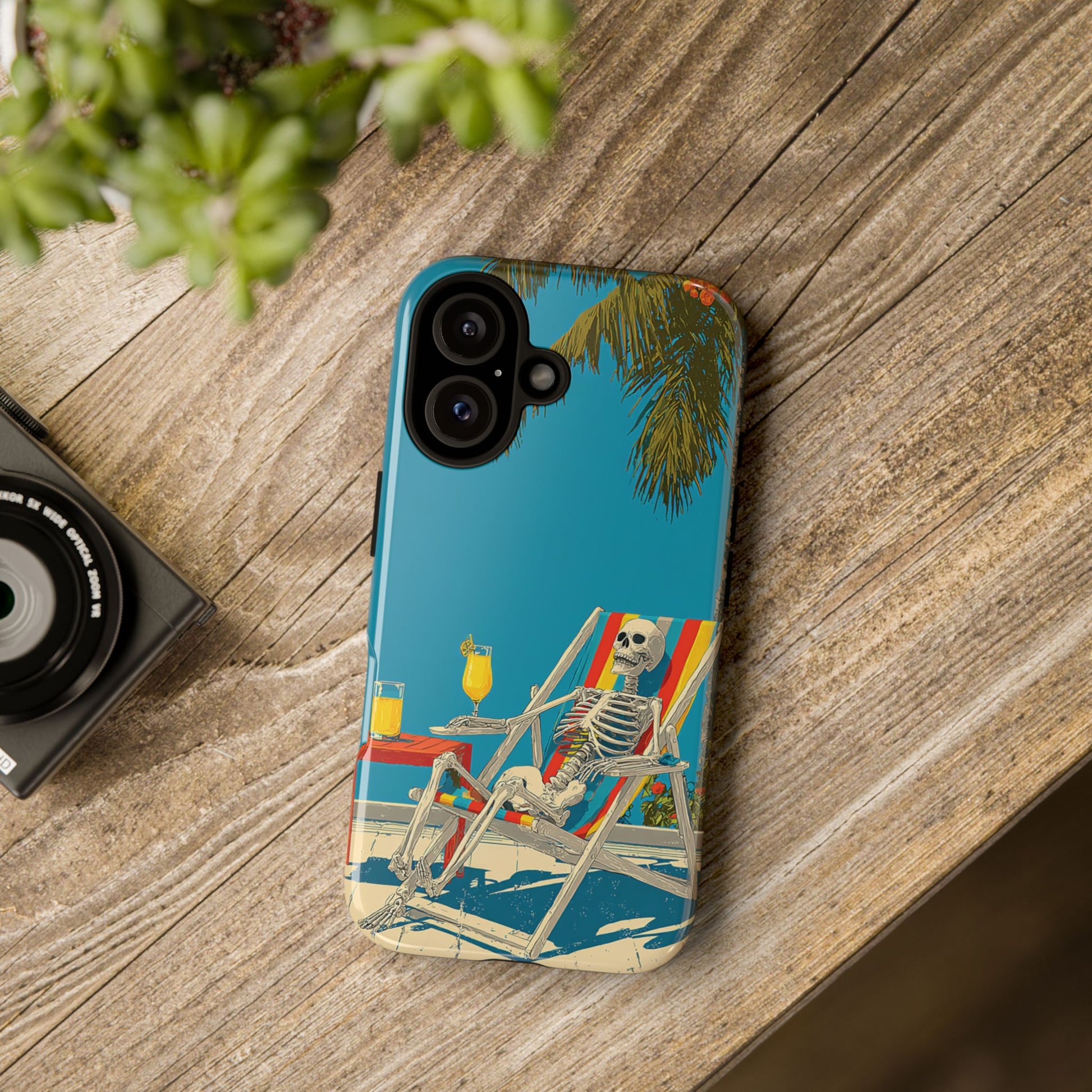Summerween Skeleton Phone Case, Animated Design of Skeleton Lounging with Mimosa on Beach for iPhone, Samsung & Pixel Models, Quirky Gift