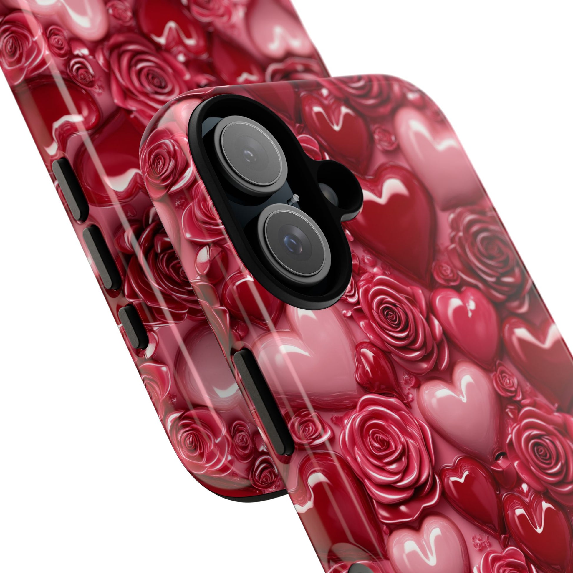 Phone case with red roses and hearts pattern on a white background