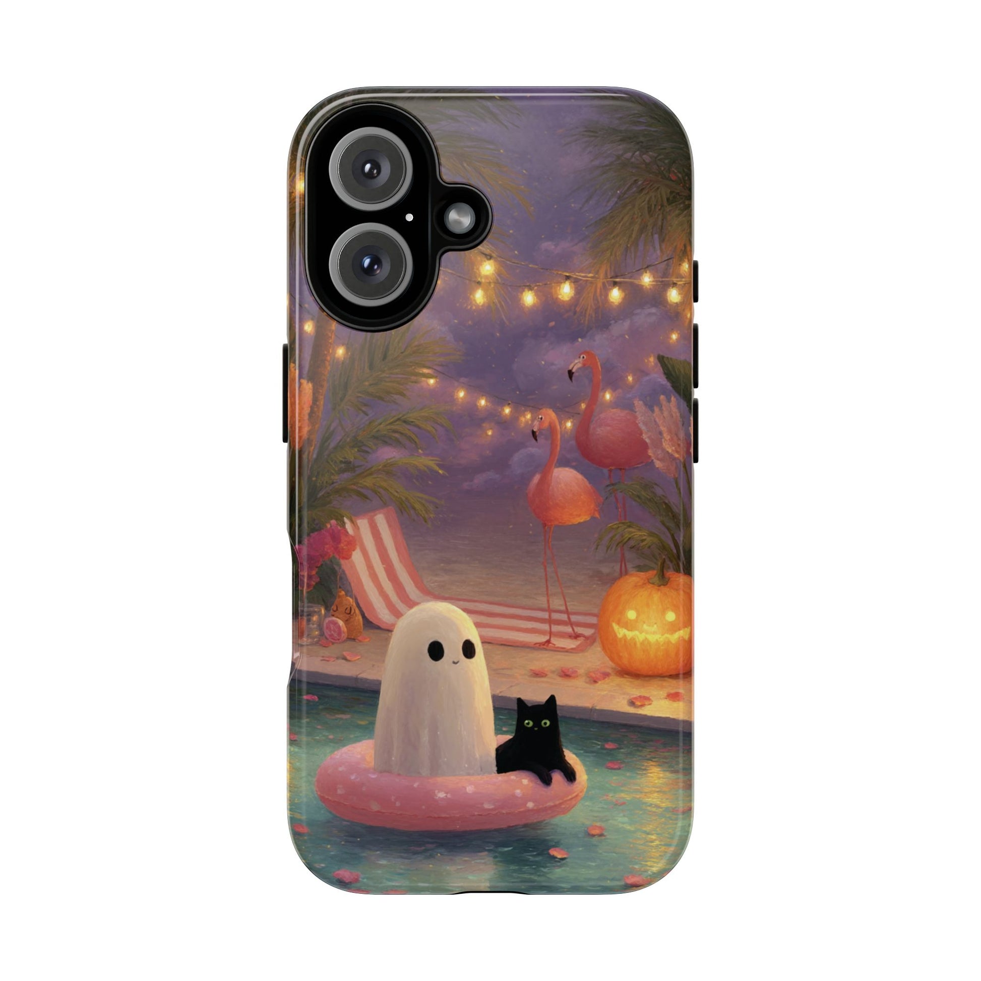 Cute Summerween Ghost Phone Case with Poolside Halloween Vibes in Oil Art Style, Tough Case for iPhone, Samsung & Pixel, Quirky Gift for Her