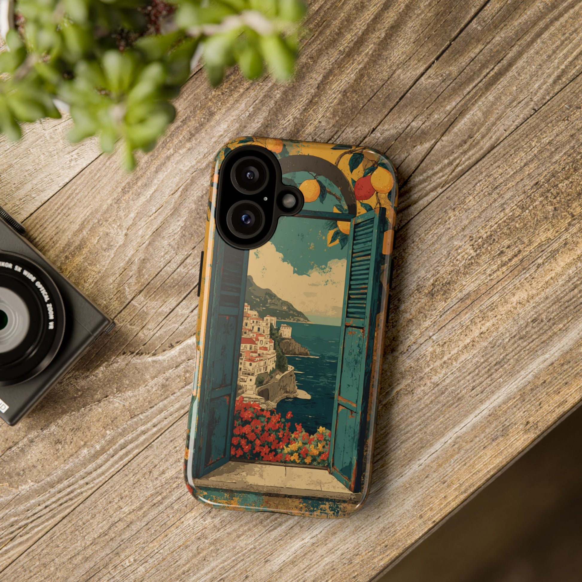 Amalfi Coast Window Phone Case with Rustic Shutters, Lemons & Flowers, Artistic Italian Design for iPhone Samsung Pixel, Summer iPhone Case