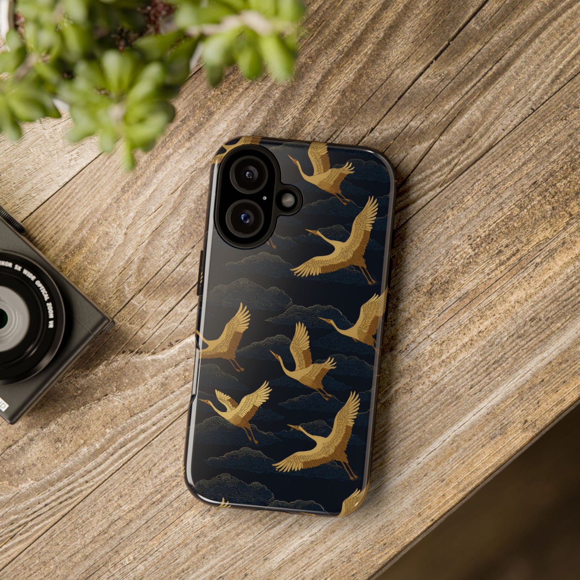 Japanese Crane Phone Case with Golden Birds, Clouds & Wave Motif - Minimalist Traditional Art for iPhone Samsung Pixel,  Crane Phone Cover