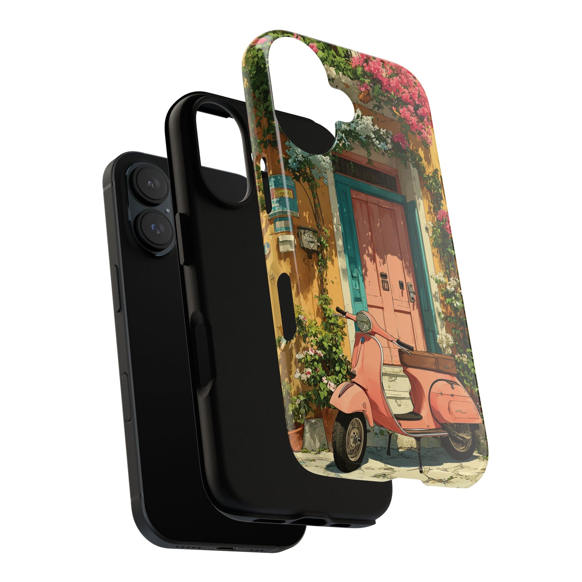 Charming Italian Phone Case with Vintage Scooter & Blooming Florals, Summer Aesthetic for iPhone Samsung Pixel Devices, Ghibli-Style Case