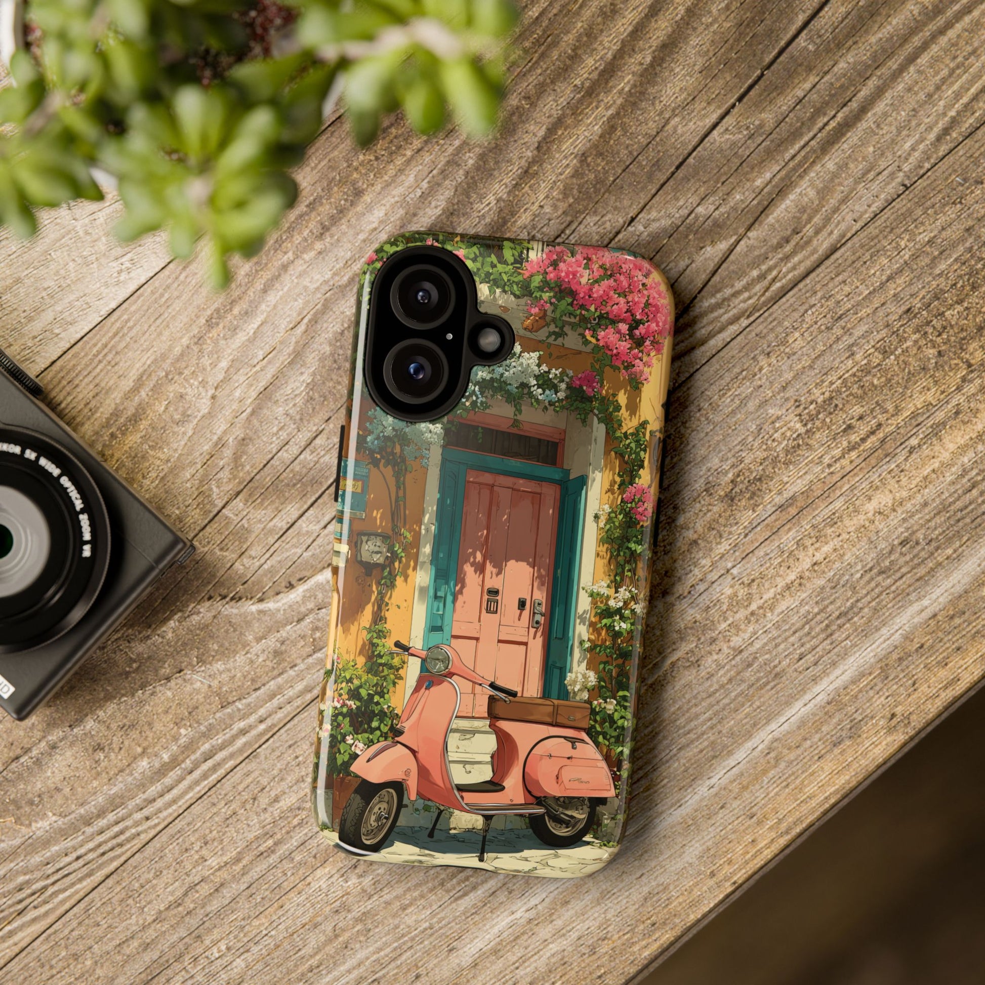 Charming Italian Phone Case with Vintage Scooter & Blooming Florals, Summer Aesthetic for iPhone Samsung Pixel Devices, Ghibli-Style Case