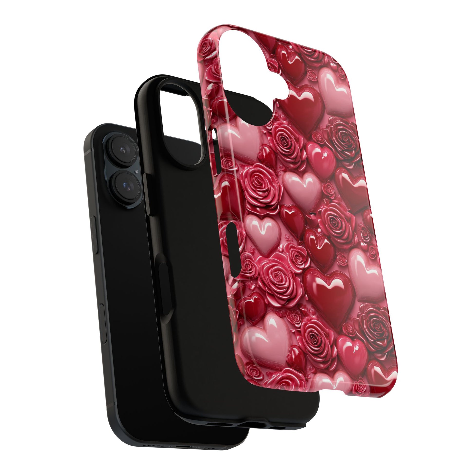 Phone case with heart and rose design on a white background