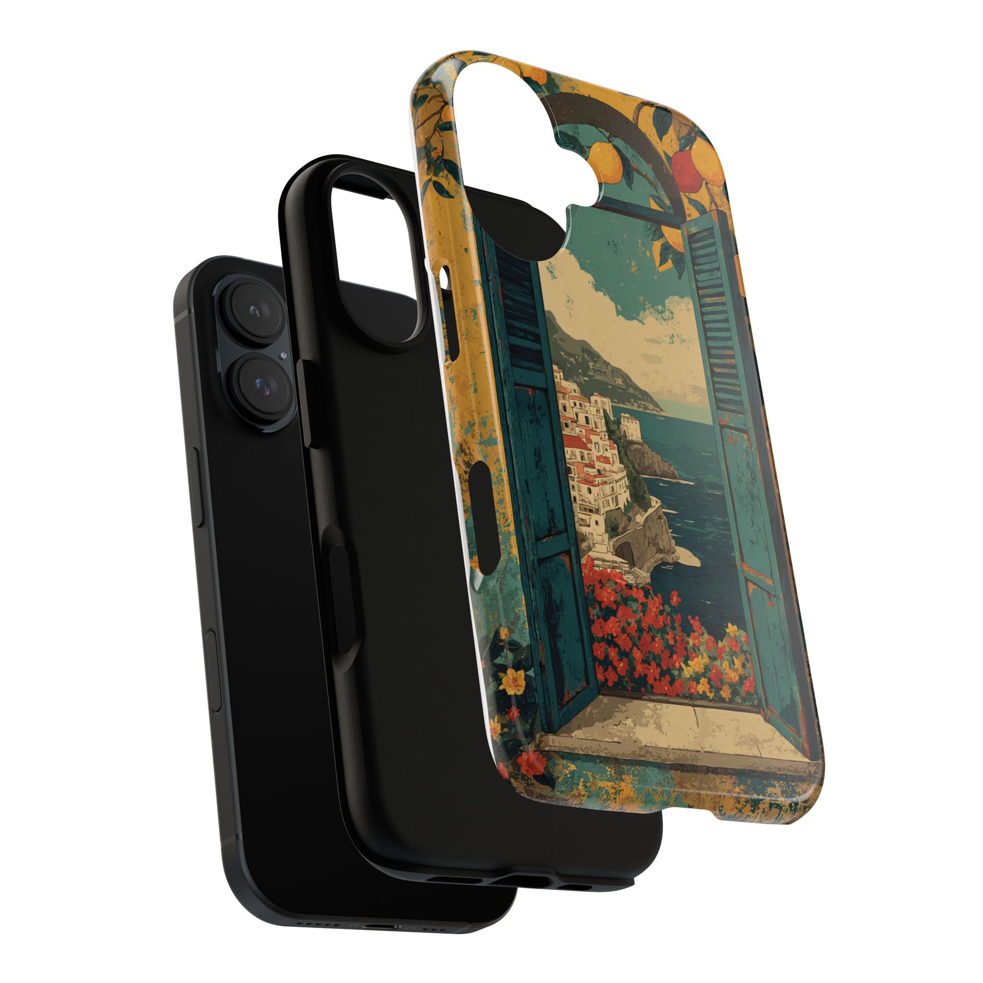 Amalfi Coast Window Phone Case with Rustic Shutters, Lemons & Flowers, Artistic Italian Design for iPhone Samsung Pixel, Summer iPhone Case
