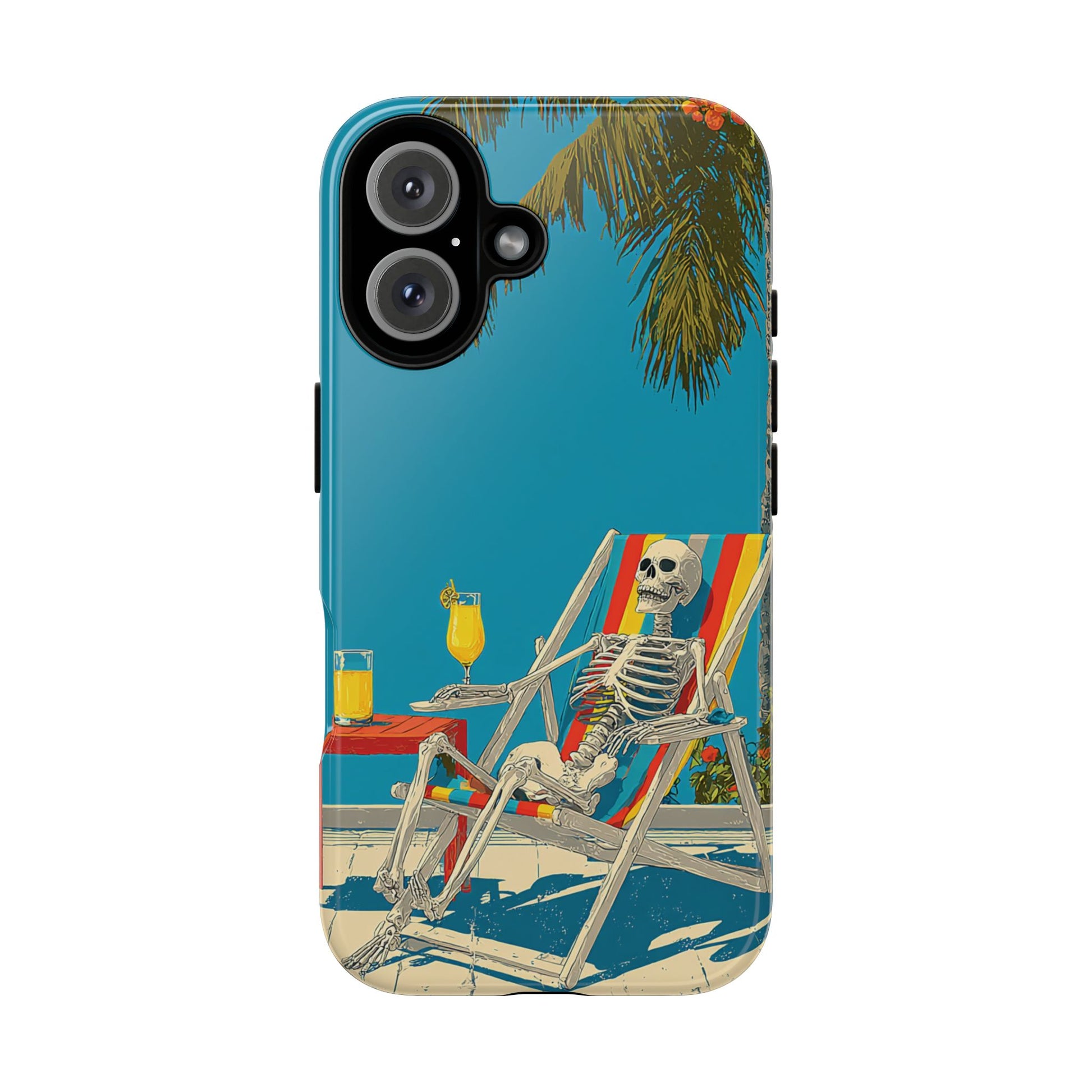 Summerween Skeleton Phone Case, Animated Design of Skeleton Lounging with Mimosa on Beach for iPhone, Samsung & Pixel Models, Quirky Gift