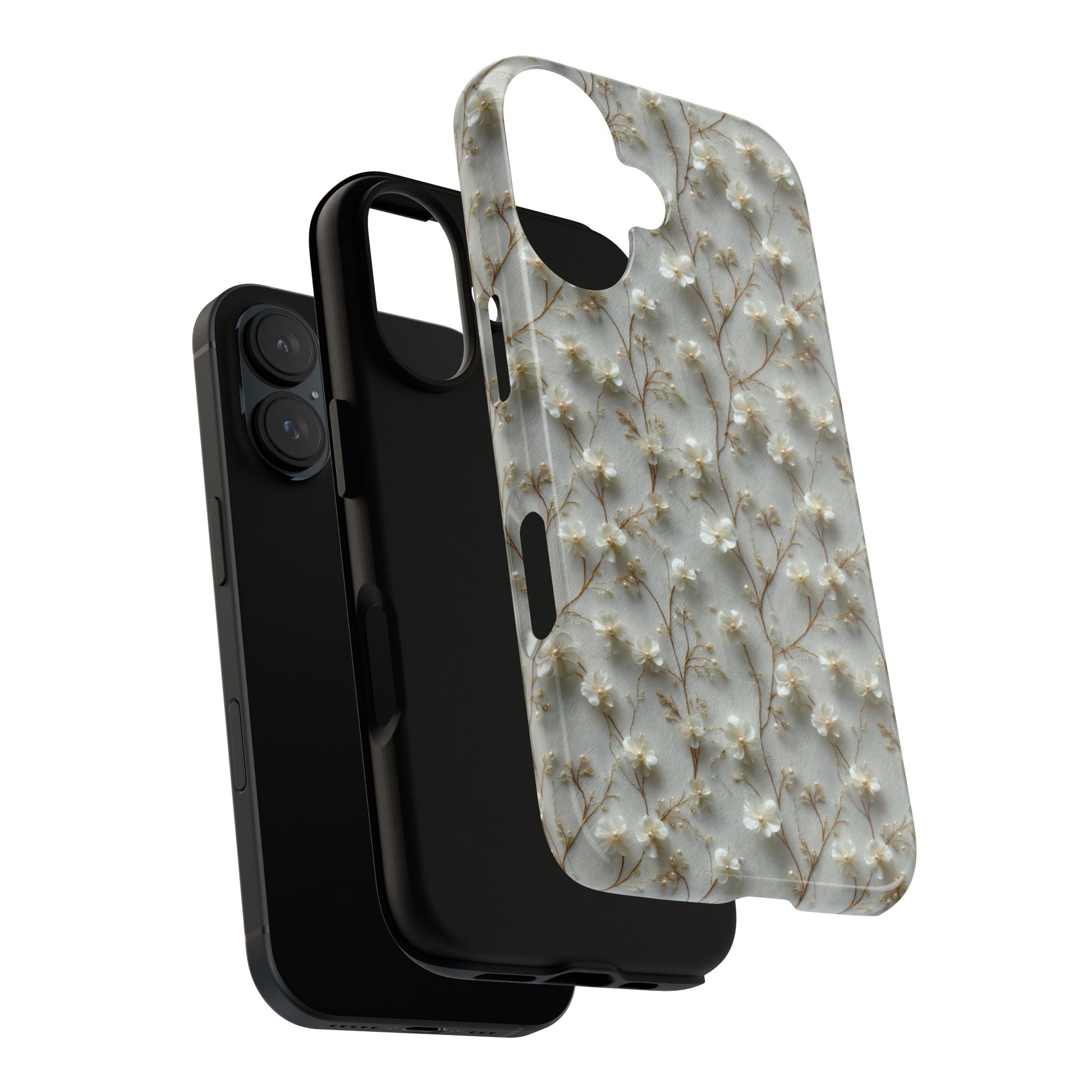 Elegant Floral Pearl Phone Case with Vintage Charm - Delicate White Pattern, Bridal Theme Case,. Tough & Durable, Fits iPhone Samsung Pixel