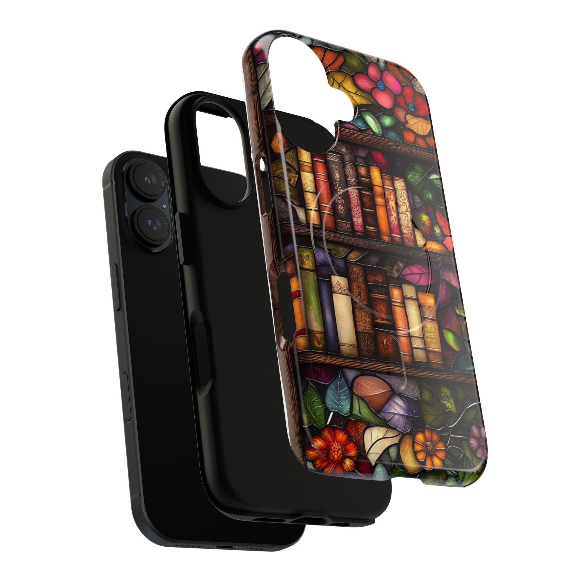 Stained Glass Bookshelf Phone Case, Tough Magnetic Case with Vintage Books, Floral Art and MagSafe Support - Bookish Aesthetic & Protective