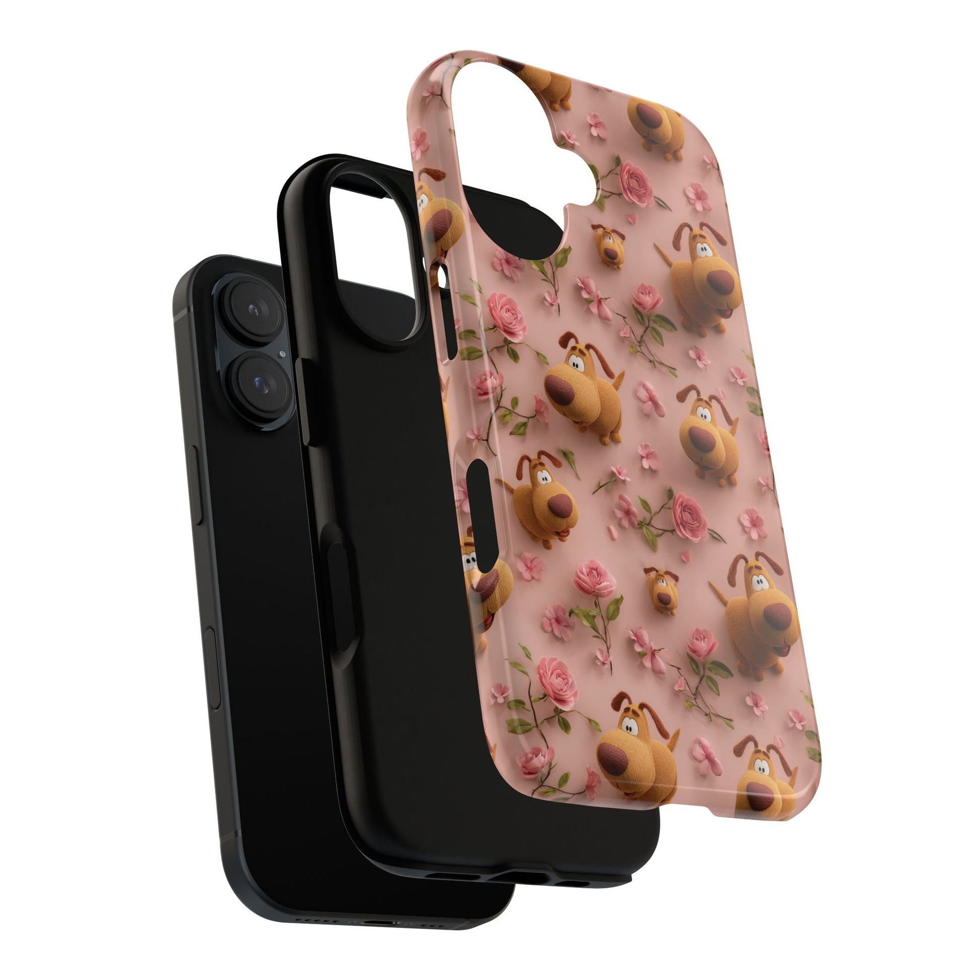 3D Cartoon Dogs with 3D Roses Phone Case, Cute and Durable for Dog Lovers, Compatible with iPhone, Samsung & Pixel Devices, Girly Tech Gift