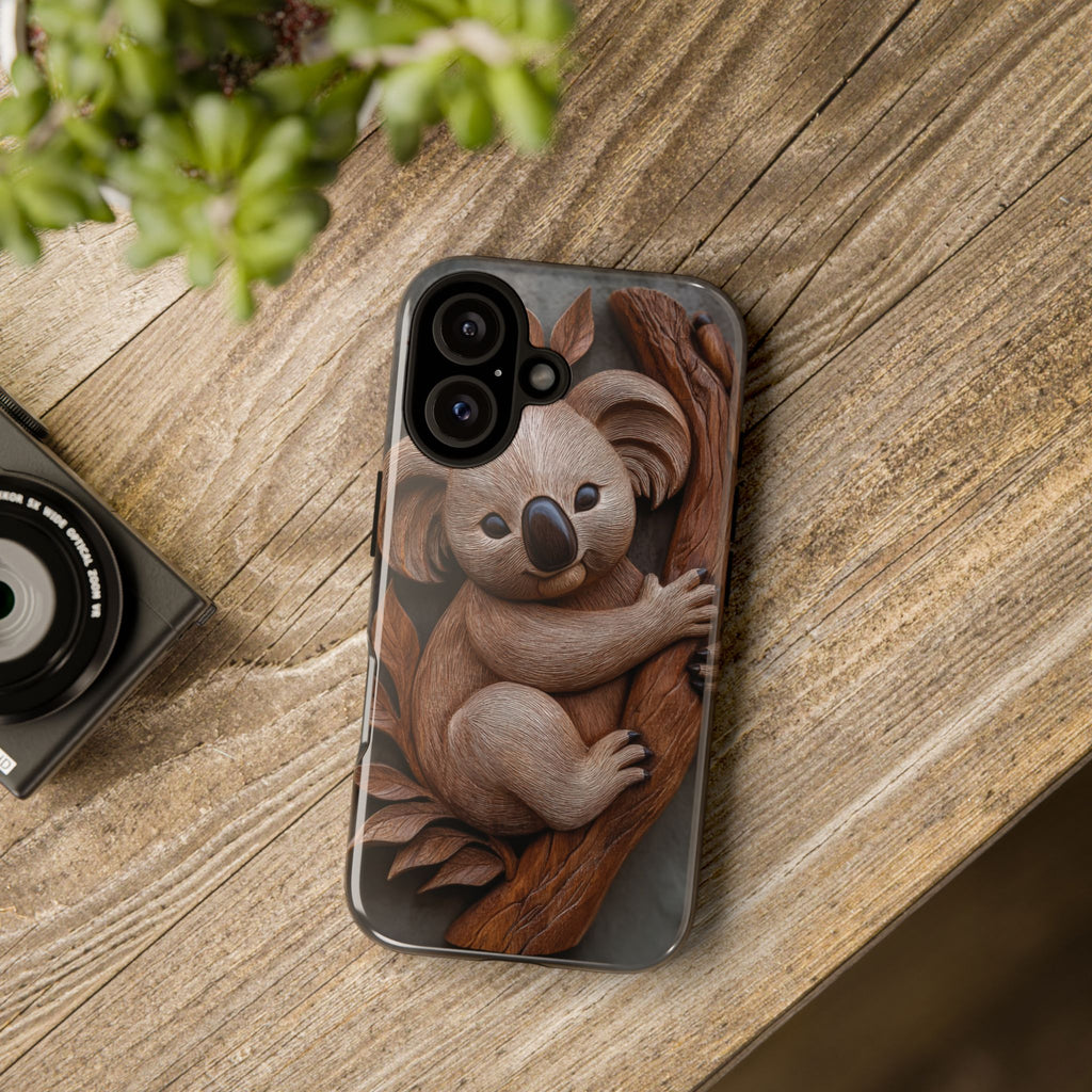Wood Effect Koala Phone Case with Minimalist Wildlife Design, Tough Protection for iPhone, Samsung, and Pixel, Australian Animal Phone Cover