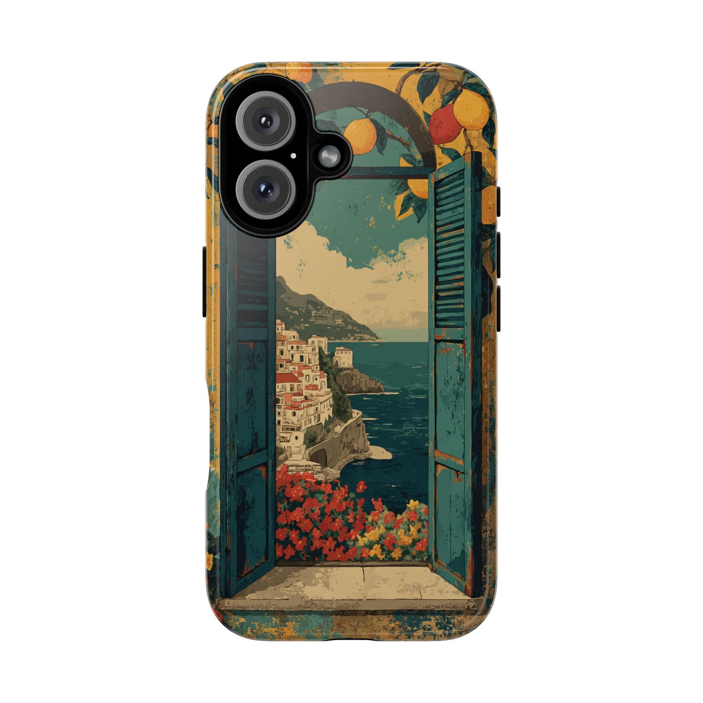 Amalfi Coast Window Phone Case with Rustic Shutters, Lemons & Flowers, Artistic Italian Design for iPhone Samsung Pixel, Summer iPhone Case