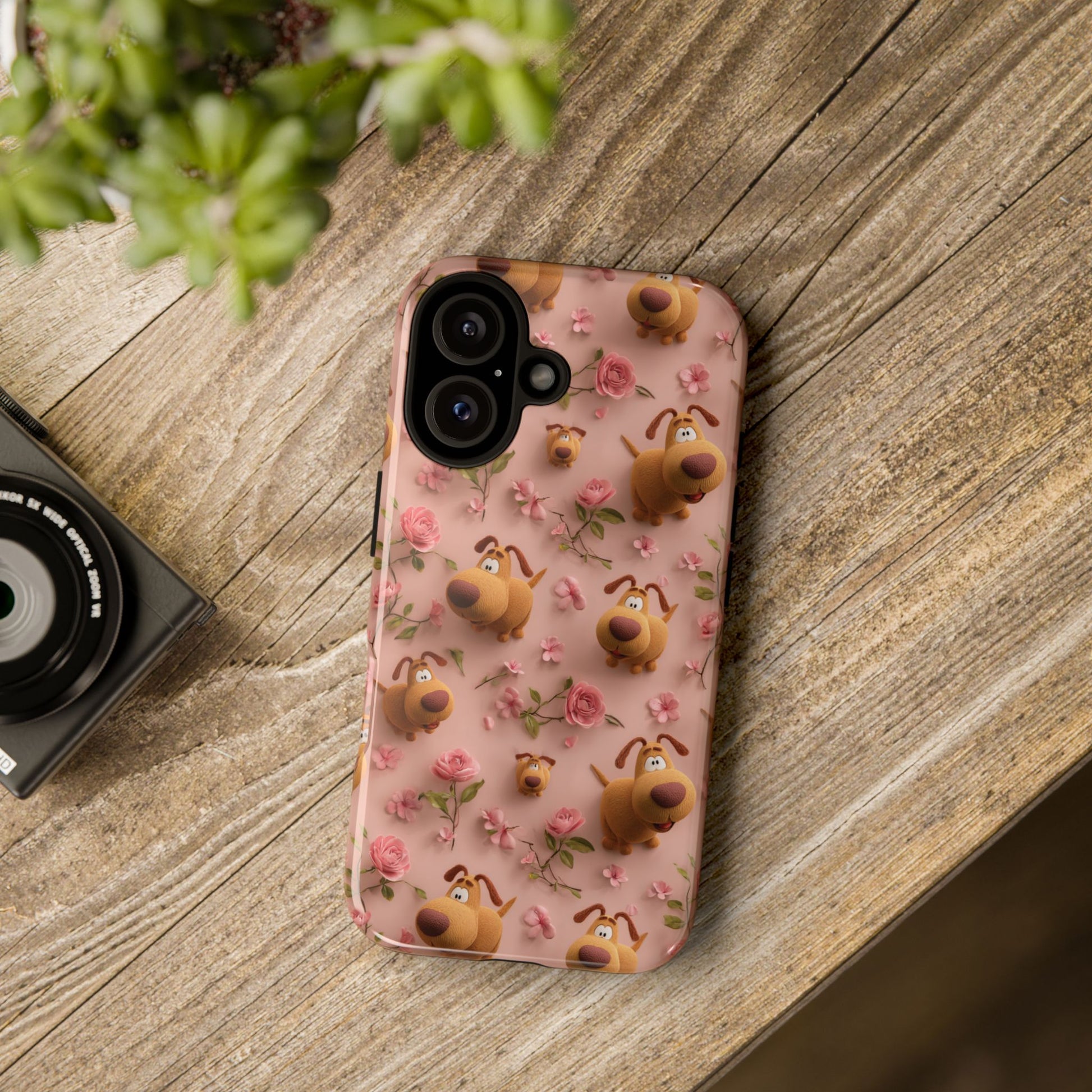 3D Cartoon Dogs with 3D Roses Phone Case, Cute and Durable for Dog Lovers, Compatible with iPhone, Samsung & Pixel Devices, Girly Tech Gift