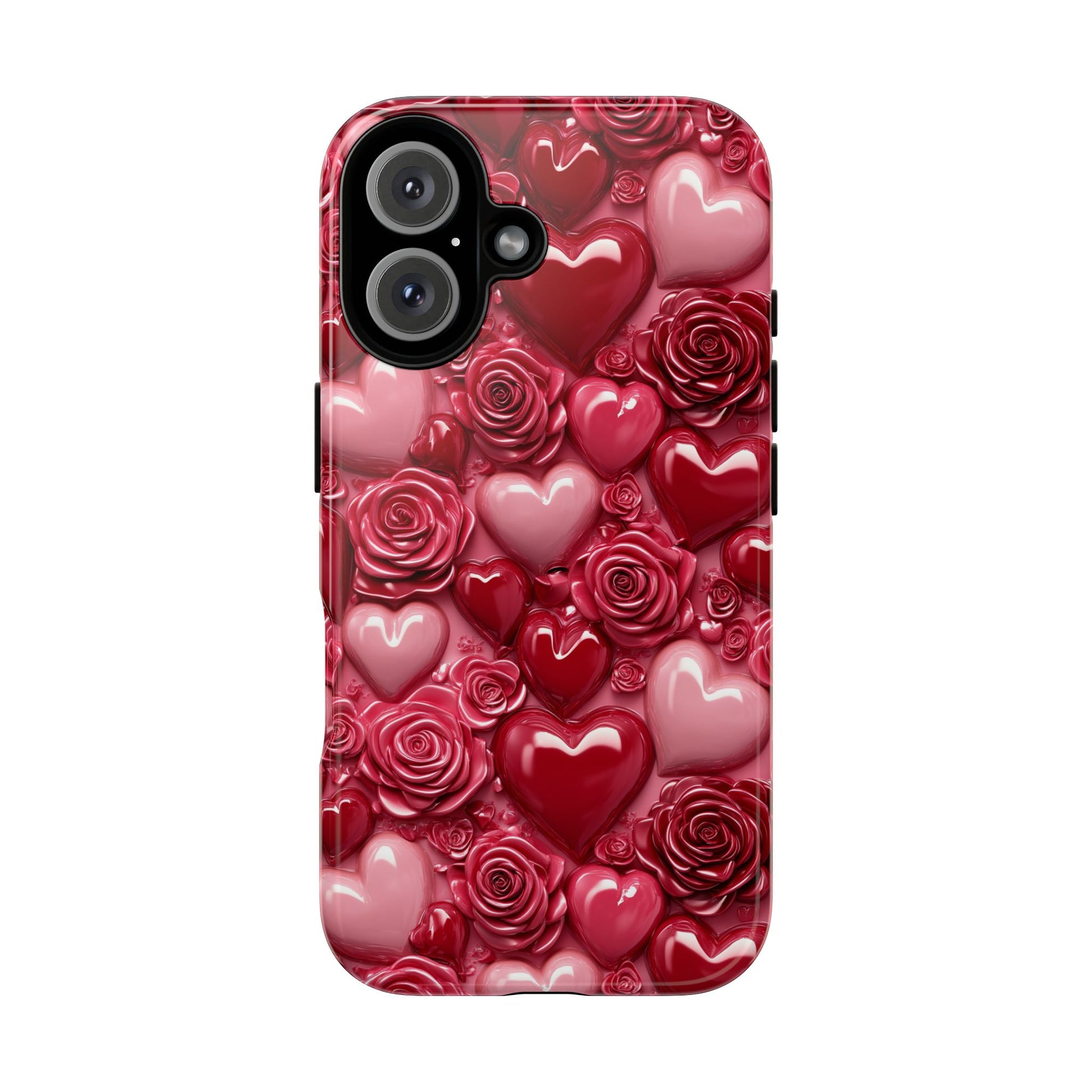 Phone case with red hearts and roses on a white background