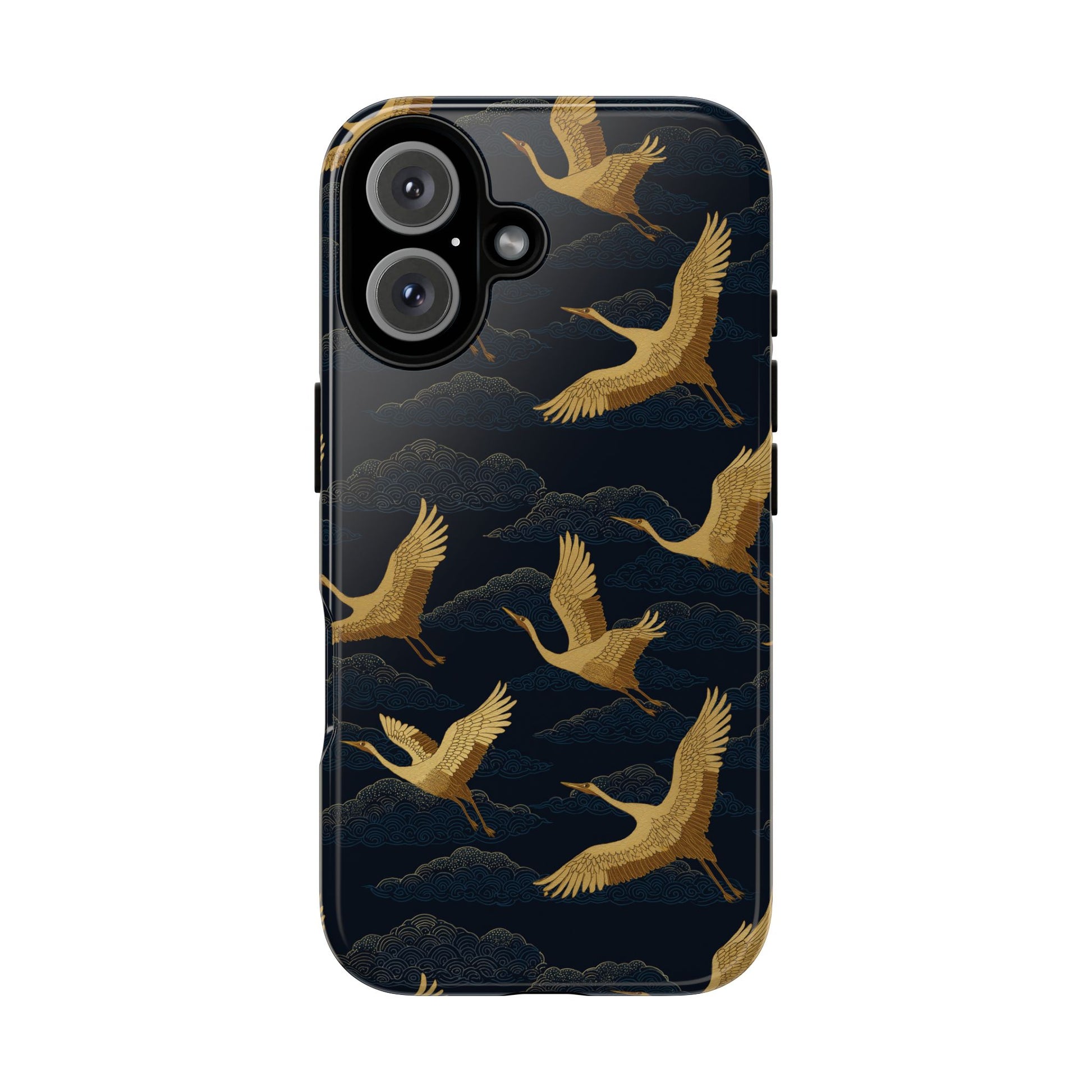 Japanese Crane Phone Case with Golden Birds, Clouds & Wave Motif - Minimalist Traditional Art for iPhone Samsung Pixel,  Crane Phone Cover
