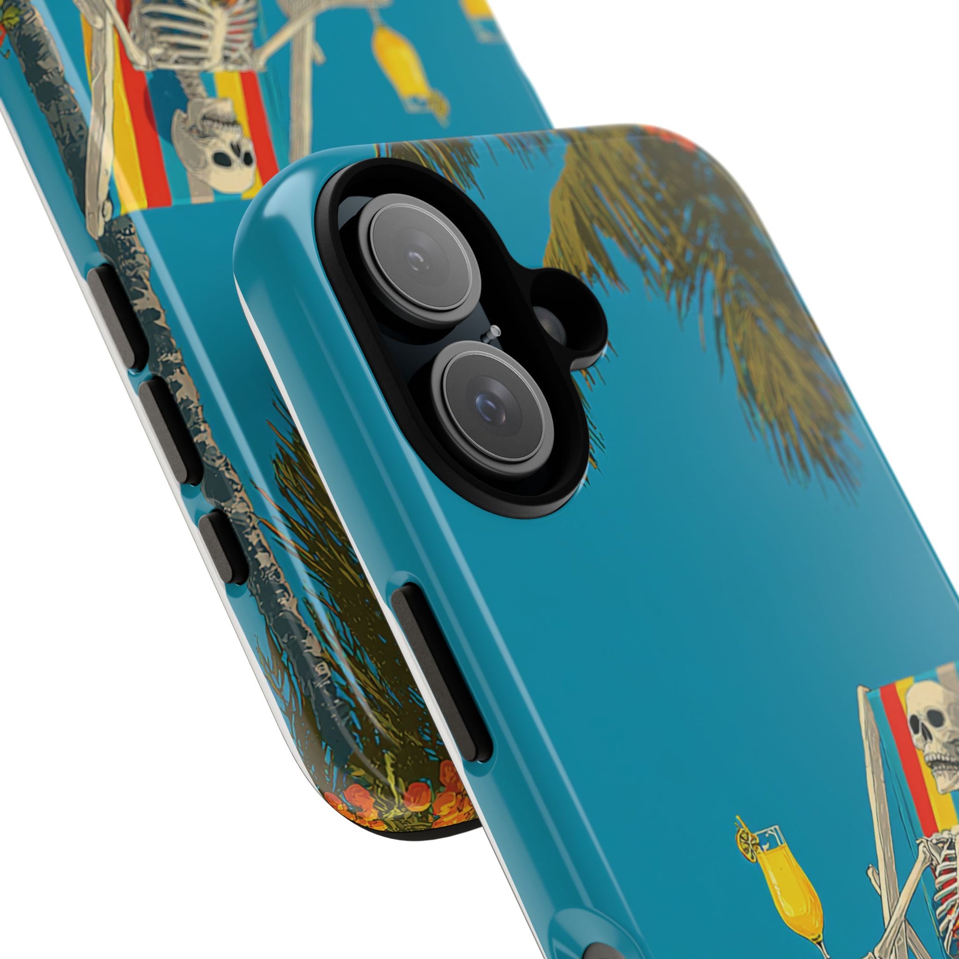 Summerween Skeleton Phone Case, Animated Design of Skeleton Lounging with Mimosa on Beach for iPhone, Samsung & Pixel Models, Quirky Gift