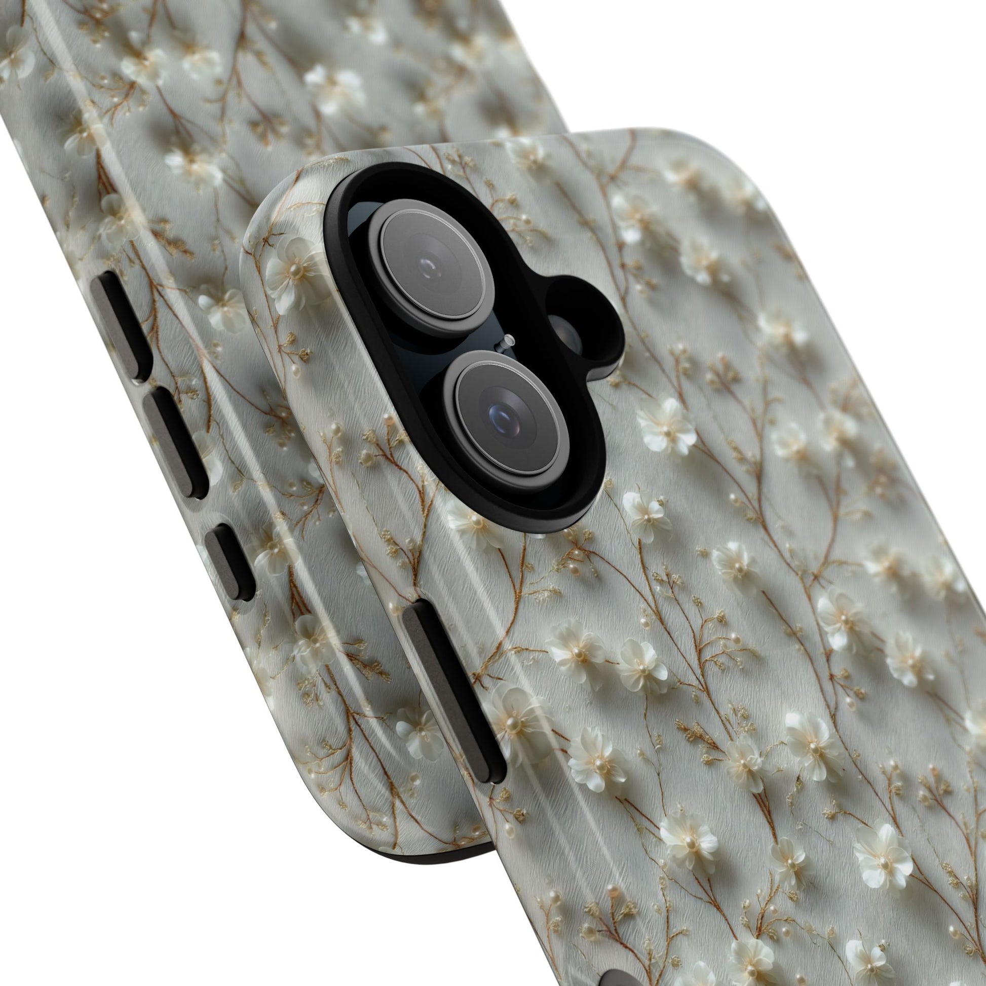 Elegant Floral Pearl Phone Case with Vintage Charm - Delicate White Pattern, Bridal Theme Case,. Tough & Durable, Fits iPhone Samsung Pixel