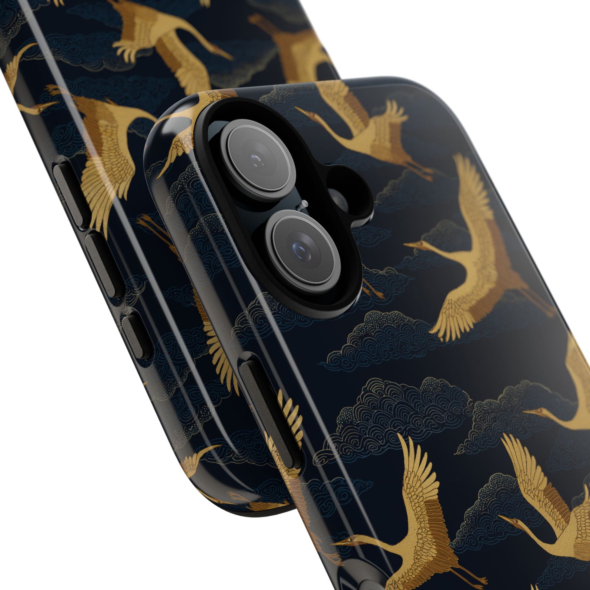 Japanese Crane Phone Case with Golden Birds, Clouds & Wave Motif - Minimalist Traditional Art for iPhone Samsung Pixel,  Crane Phone Cover