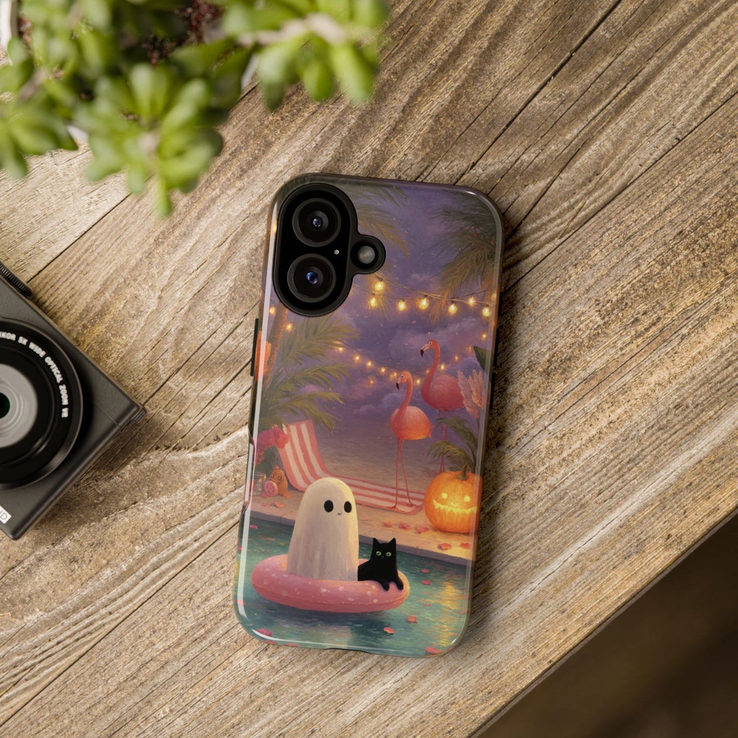 Cute Summerween Ghost Phone Case with Poolside Halloween Vibes in Oil Art Style, Tough Case for iPhone, Samsung & Pixel, Quirky Gift for Her