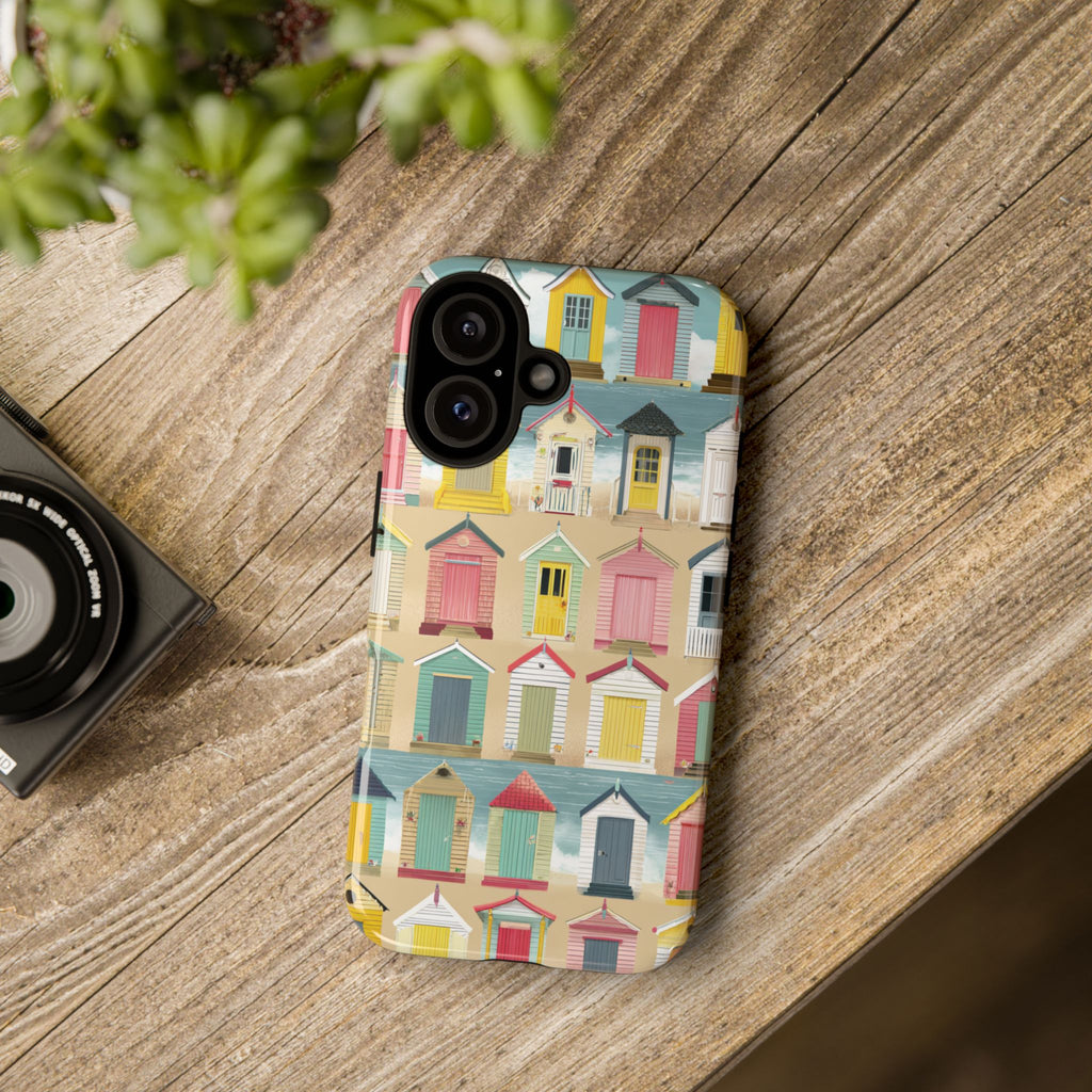 Bespoke Phone Case with Colourful Beach Huts - Art Naive English Seaside Summer Design for iPhone, Samsung & Pixel, Tough Beach Phone Cover