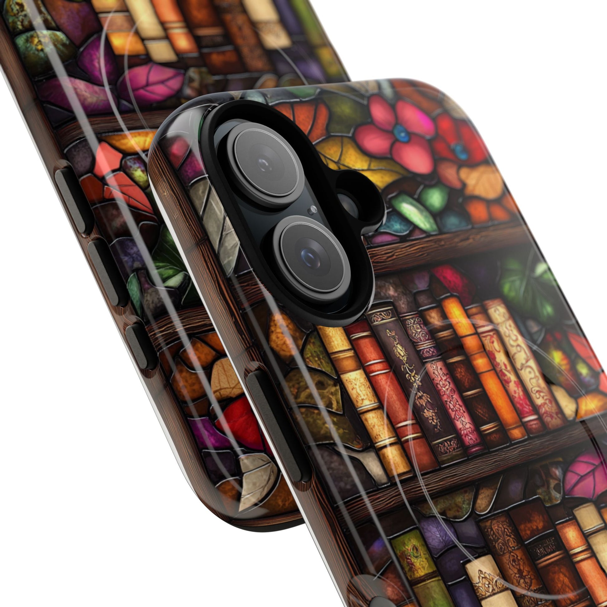 Stained Glass Bookshelf Phone Case, Tough Magnetic Case with Vintage Books, Floral Art and MagSafe Support - Bookish Aesthetic & Protective